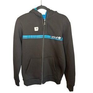 UNICEF Full Zip Hoodie‎ Black Blue Stripe Logo Sweatshirt Mens Medium